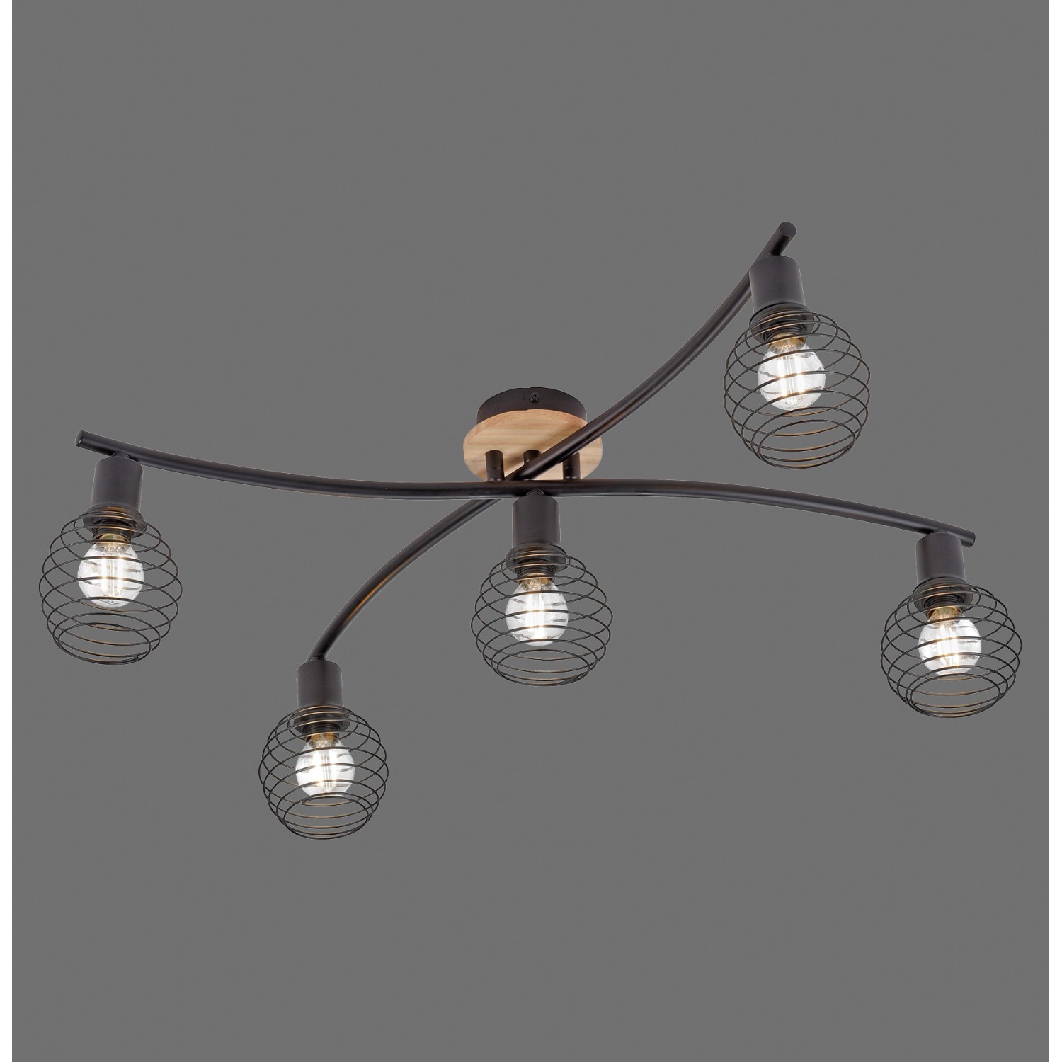 Fünfflammiger, schwarzer Just Light Spot Eugen mit Holz-Elementen für Wand und Decke.