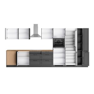 Held Winkelküche Kempten, 420 cm, Grau/Graphit, mit E-Geräten. Küchenzeile mit Hänge- und Unterschränken.
