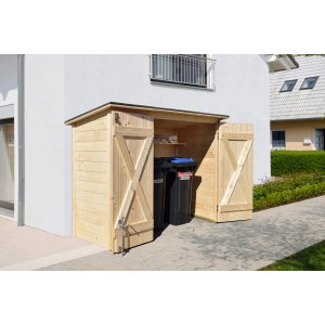 Weka Fahrradbox aus Fichte, 205x84 cm, mit geöffneten Doppeltüren und zwei Mülltonnen im Inneren.