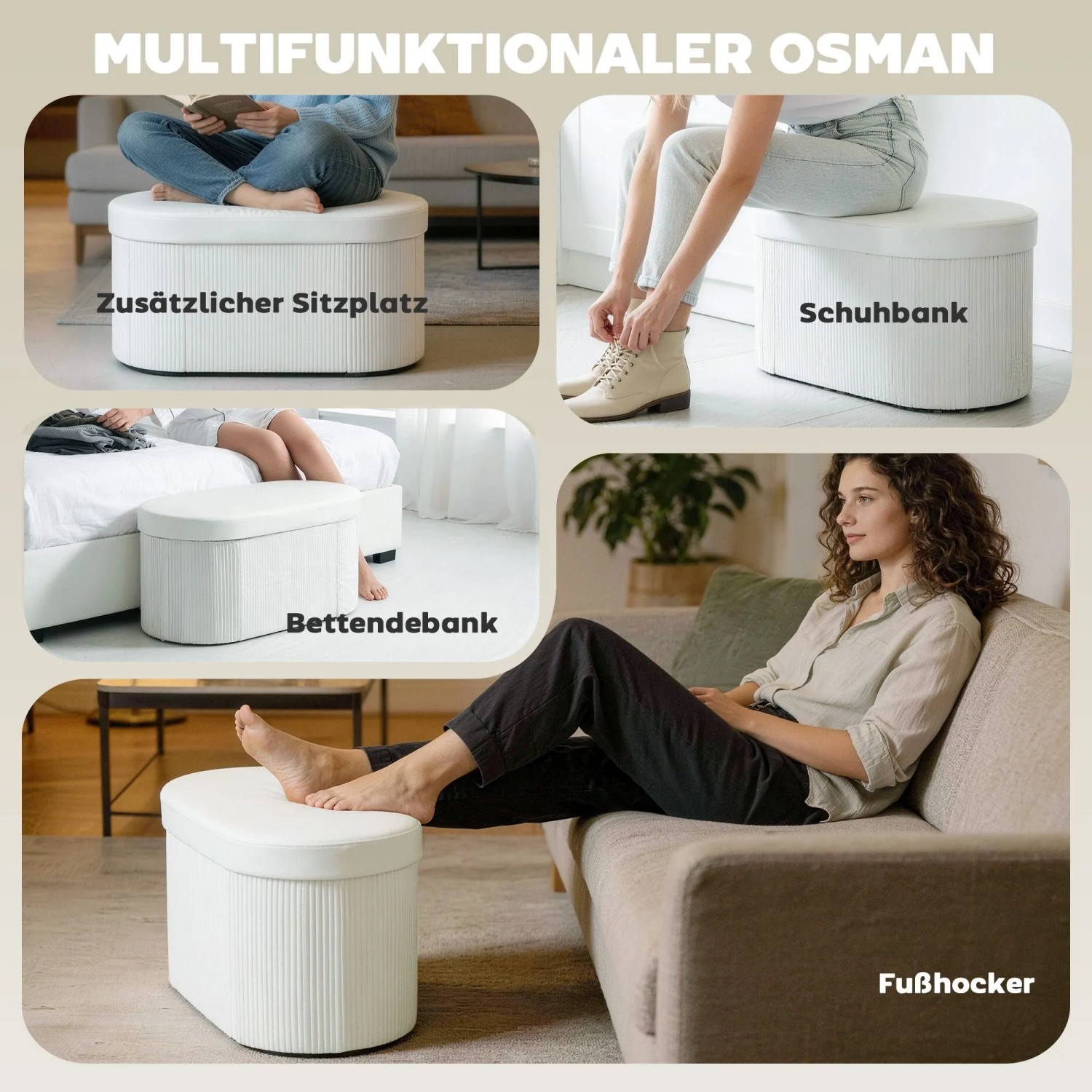 Cremeweiße HOMCOM Sitzbank mit Stauraum, gepolstert in Samtoptik. Vielseitig als Fußhocker, Schuhbank oder Bettbank nutzbar.