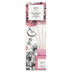 Ipuro Raumduft Intense Rose, 100ml, mit Duftstäbchen und floralem Design.