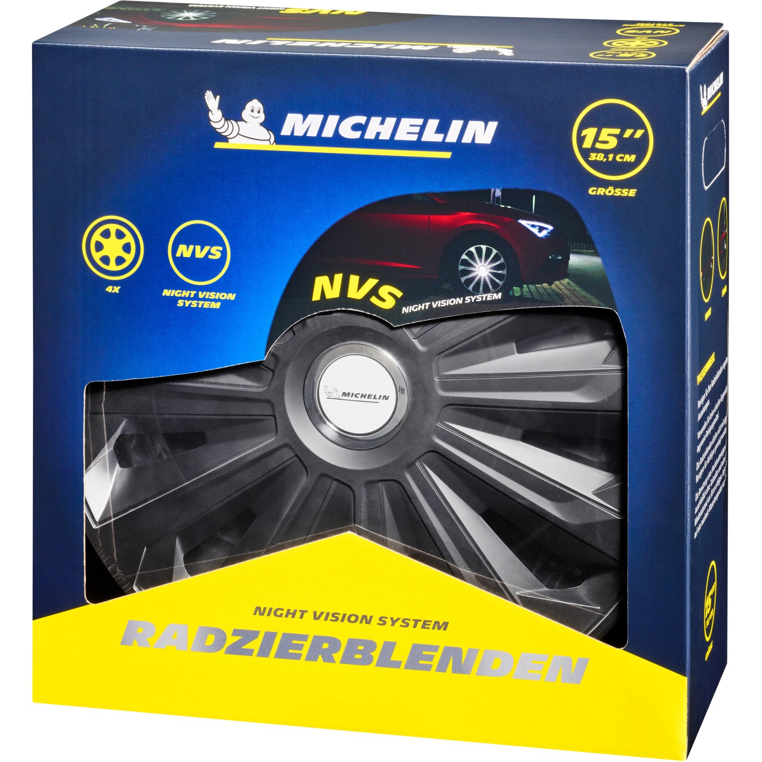 Michelin Radzierblenden Fabienne, 14 Zoll, schwarz mit Chromring, 4er-Set in Verpackung.