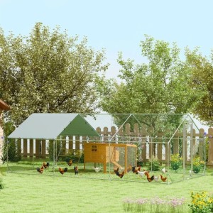 Großer PawHut Hühnerstall mit verzinktem Stahlgitter, Stoffdach und Holzhühnerhaus auf grünem Gras im Garten.