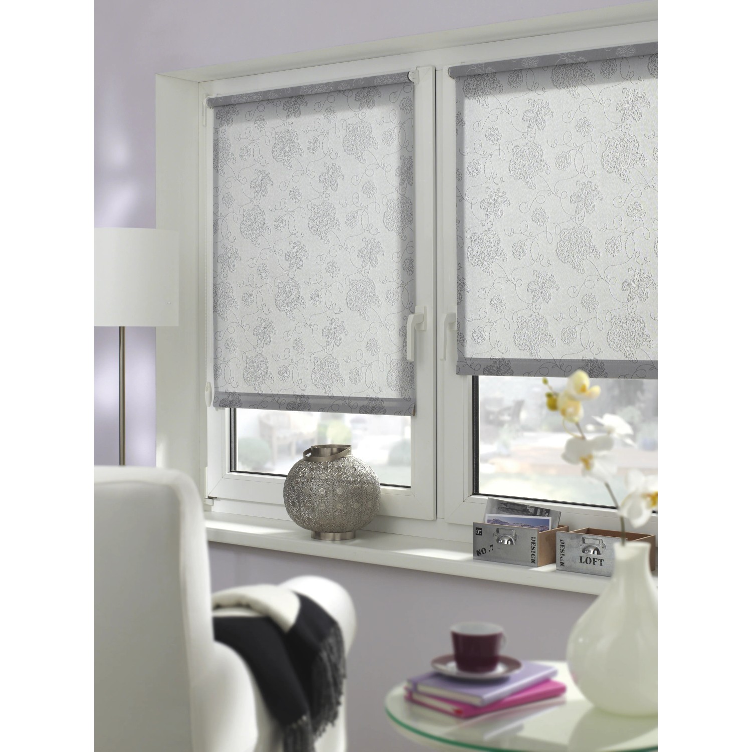 Gardinia EasyFix Rollo Dekor Stickerei, 90x210 cm, silber, am Fenster