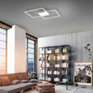 Moderne, dimmbare LED-Deckenleuchte Asmin, Stahl, 60x60 cm. Quadratisches Design mit Fernbedienung im Wohnraum.