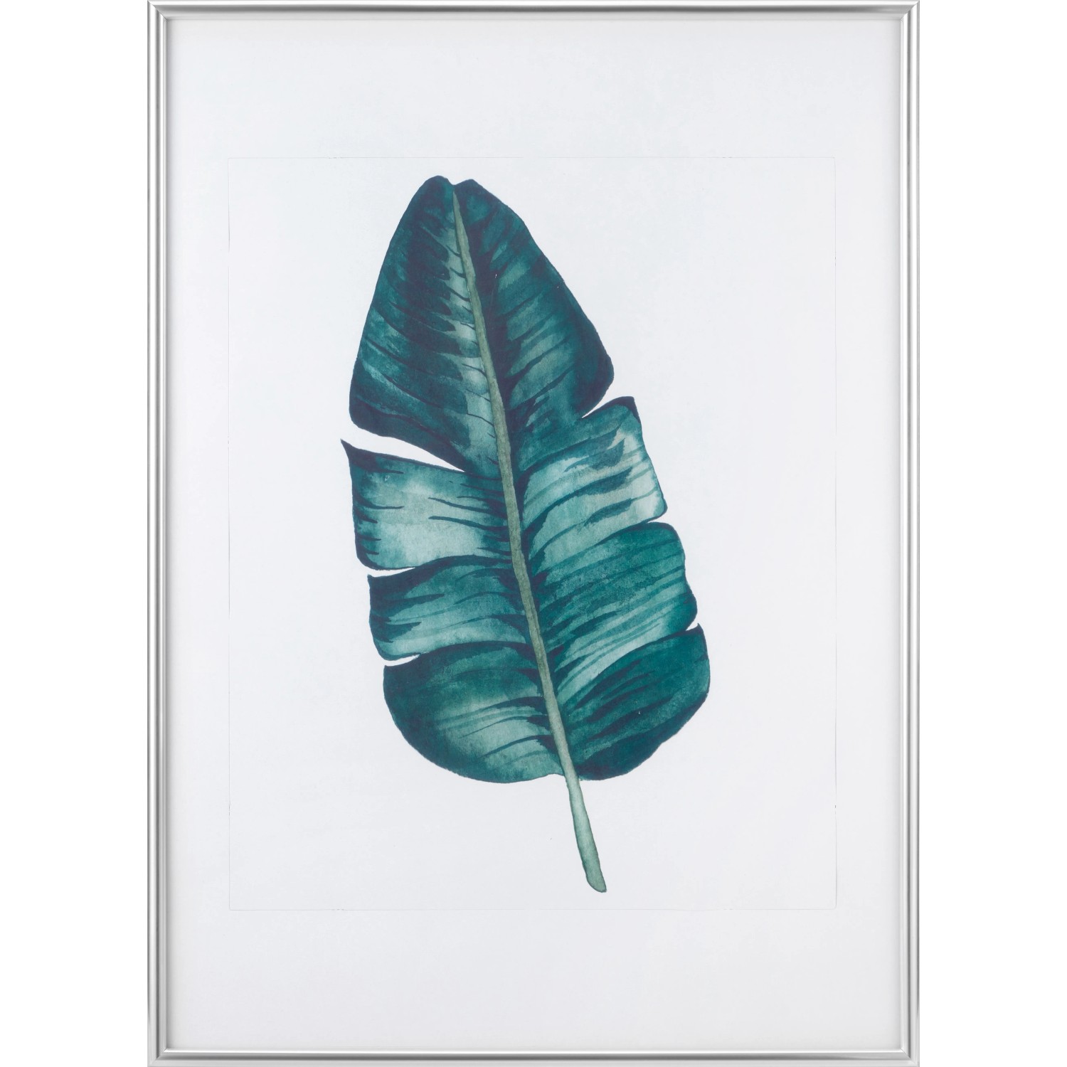 Silberfarbener Kunststoffrahmen 50x70 cm mit Motiv eines grünen Blattes.