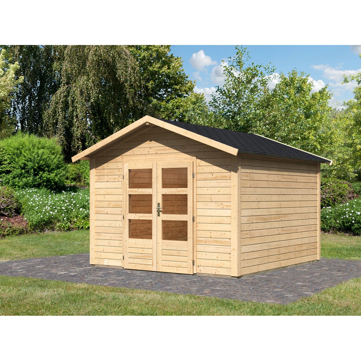 Karibu Holz-Gartenhaus Tyka, unbehandelt, mit Satteldach. Holzhaus mit Doppeltür im Garten.