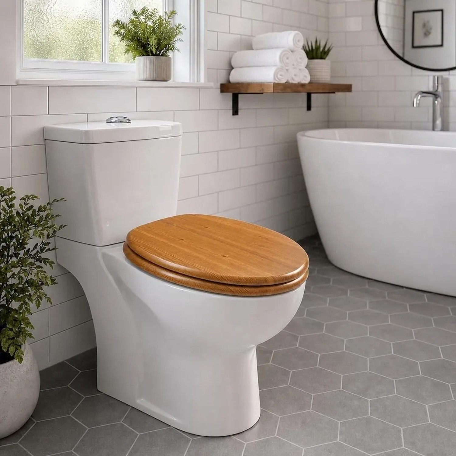 Ovaler WC-Sitz in Kirschholzoptik mit Absenkautomatik auf weißer Toilette im modernen Bad.