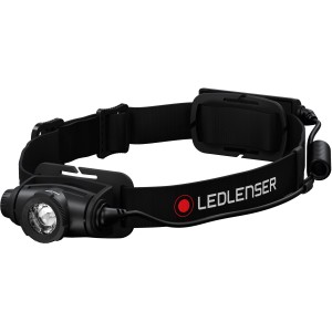 Schwarze Ledlenser H5R Core Stirnlampe mit LED-Leuchtmittel und verstellbarem Kopfband.