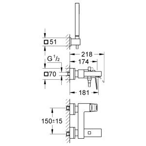 Technische Zeichnung: Grohe Eurocube Wannenbatterie mit Brausegarnitur, Maße und Details.