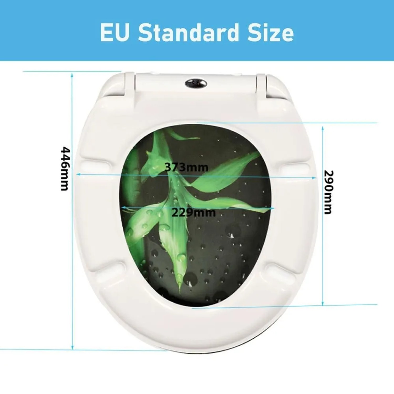 Weißer Sinobath Duroplast WC-Sitz mit glänzendem Bambus-Motiv und Absenk-Automatik, Maße sichtbar. EU Standardgröße.