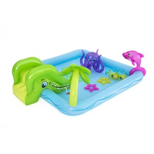 Bestway Wasserspielcenter Aquarium mit Rutsche, Delfin, Oktopus und Palme.