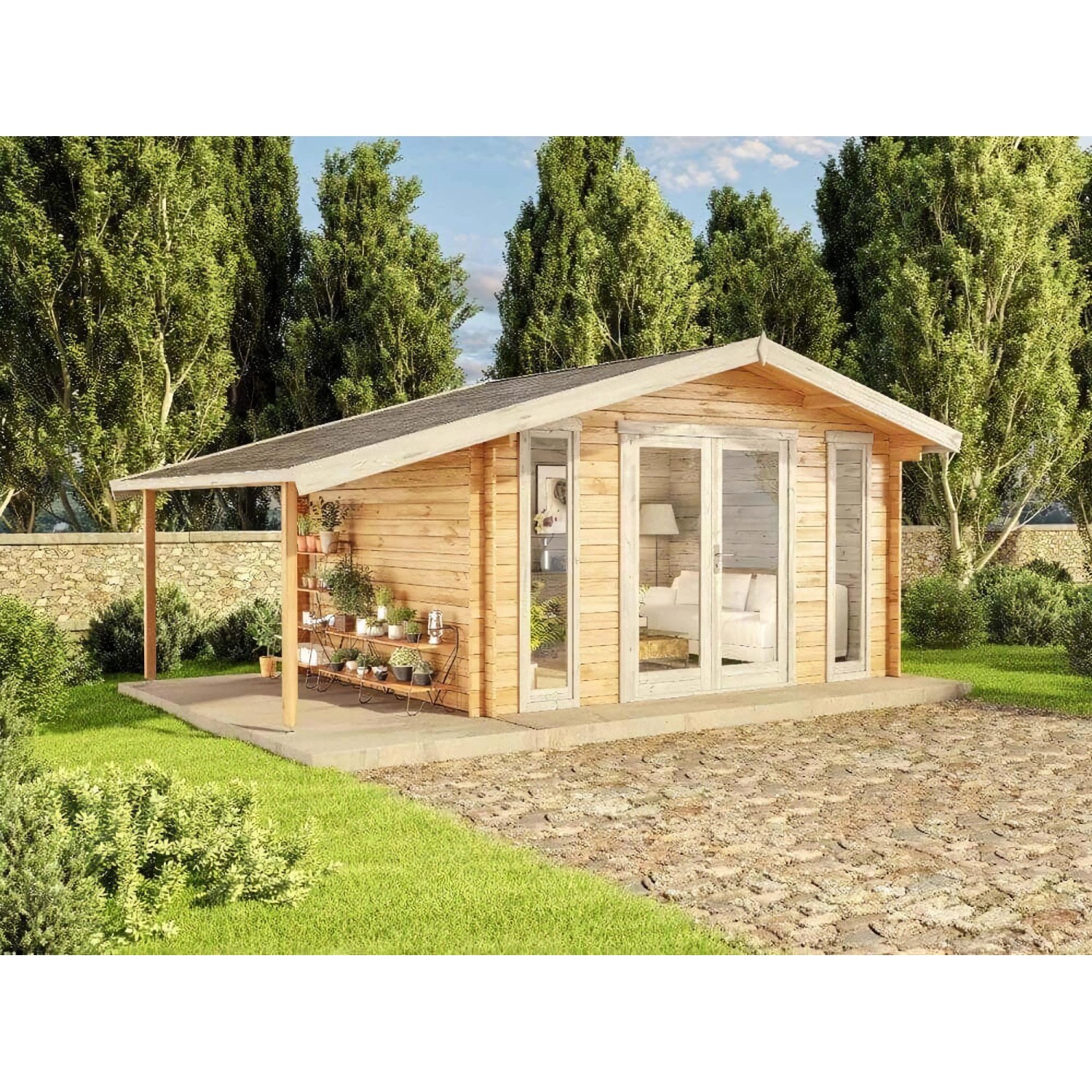 Braunes Alpholz Gartenhaus Mirko Modern mit Satteldach und überdachter Terrasse.