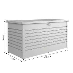 Silberne Biohort Freizeitbox 160 High (83x159x79cm) zur Aufbewahrung von Gartenutensilien.