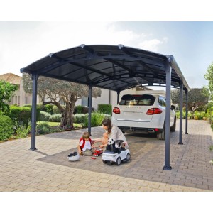 Canopia Carport Arcadia 6400 in Anthrazit mit Auto und spielenden Kindern.