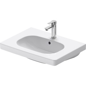 Weißes Duravit D-Code Möbelwaschbecken, 65 cm breit, mit Hahnloch und Armatur.