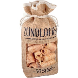 Zündlocken® Premium Anzünder, 50 Stück im Jutesack mit Zugloch. Brennstoff für Kamin und Grill.