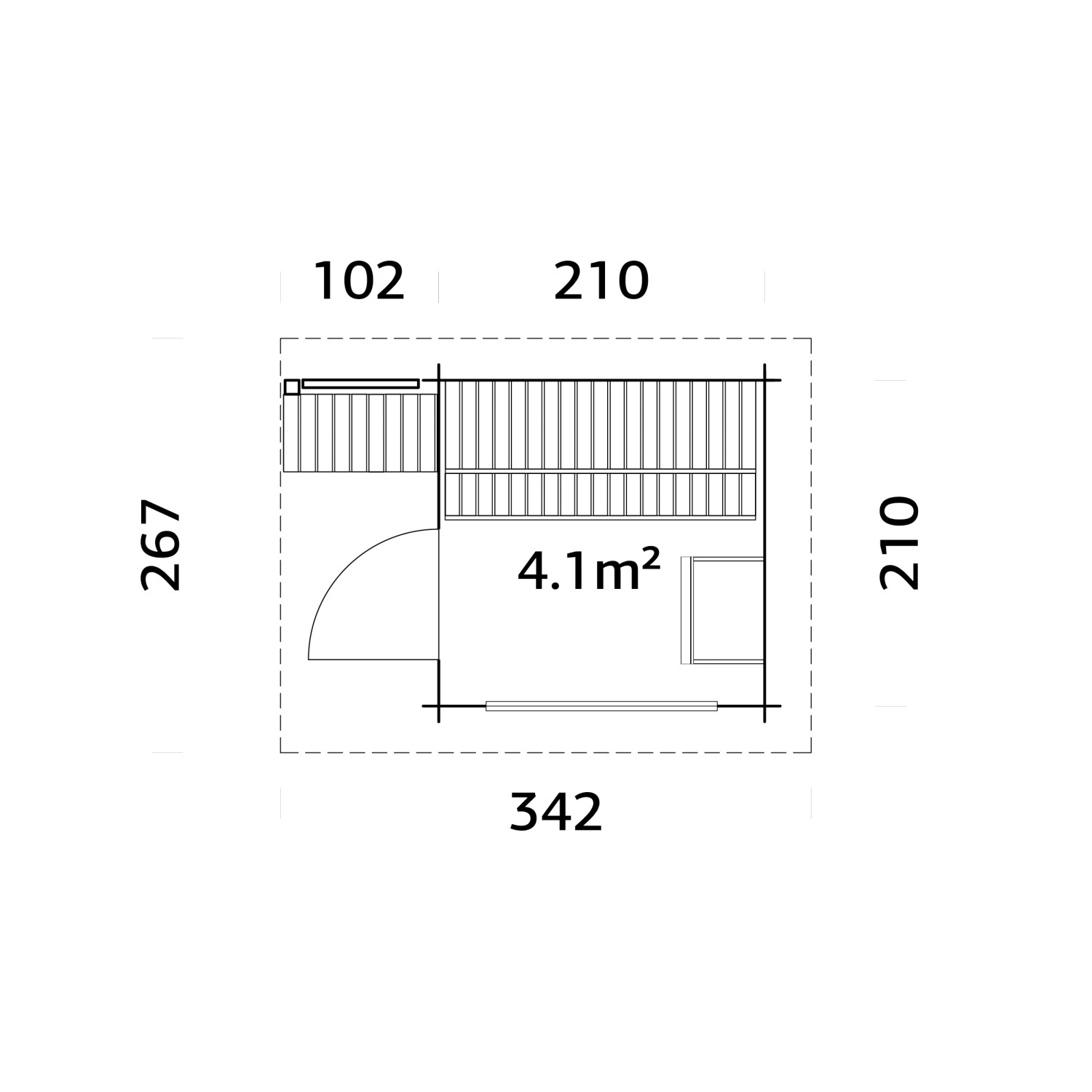 Grundriss Palmako Sauna Sanna 210x210 cm: Saunahaus mit Vorraum, Maße 342x267 cm.