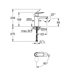 Technische Zeichnung: Grohe Eurosmart Cosmopolitan Waschtischarmatur M-Size, Maße und Details.