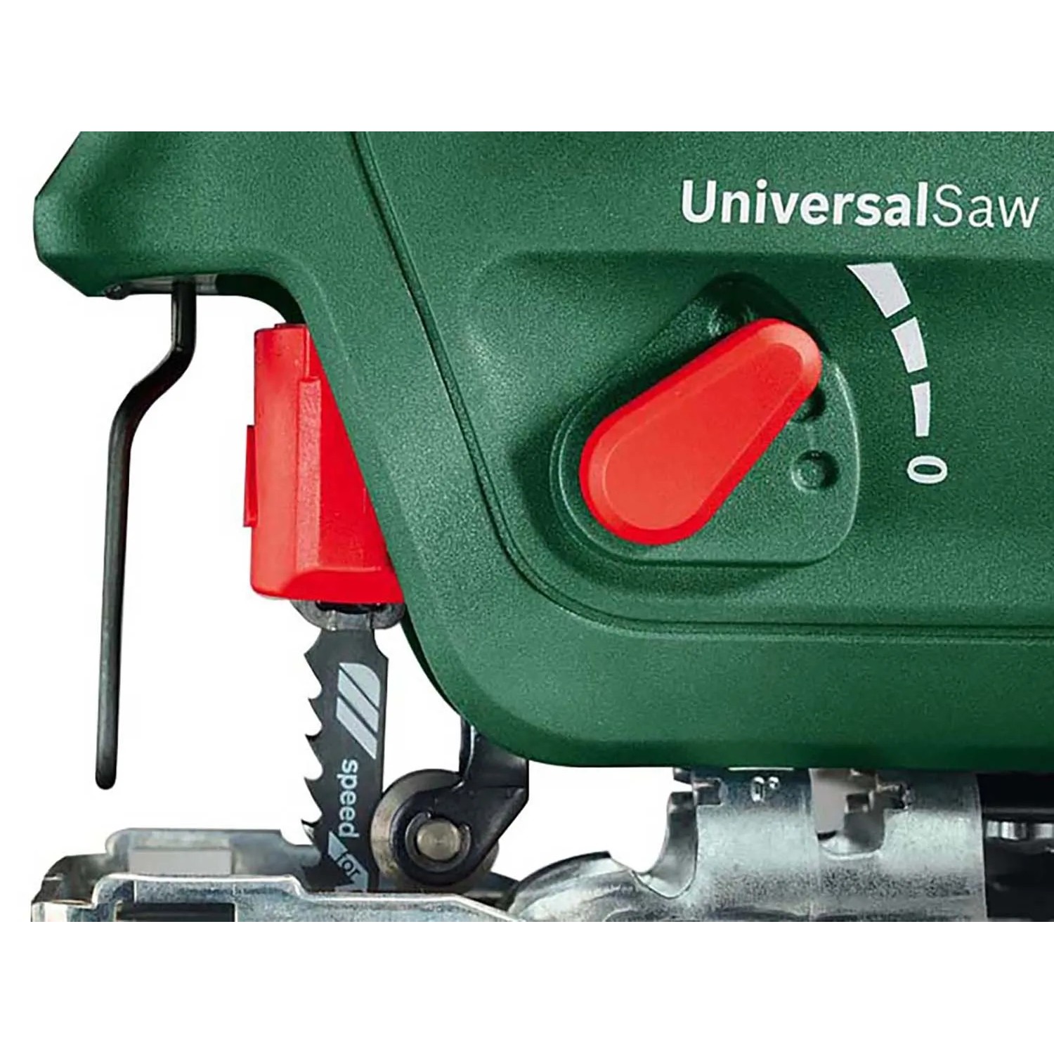 Detailaufnahme: Bosch Akku-Stichsäge UniversalSaw 18V-100 mit Sägeblatt und Geschwindigkeitsregler.