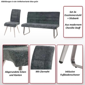 3-teilige Essgruppe: Stuhl und Sitzbank mit Chenille-Bezug in Creme und Edelstahlgestell.