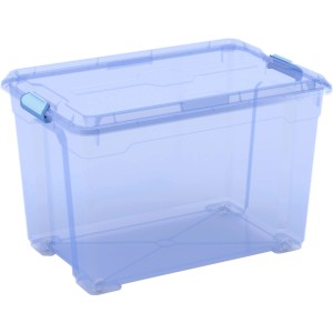Blaue Clipbox Moover XL Aufbewahrungsbox mit Rollen und Deckel.