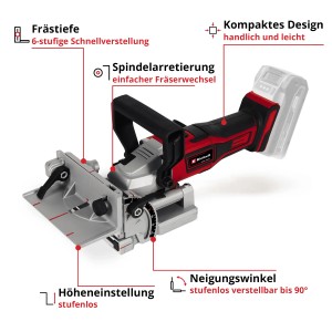 Einhell Akku-Flachdübelfräse TE-BJ 18 Li Solo: Kabellose Nutfräse mit Winkeleinstellung bis 90° für Holzbearbeitung.