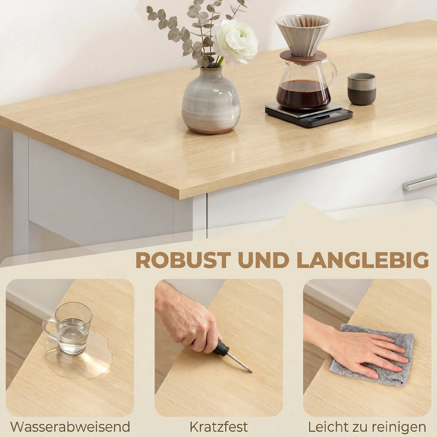 HOMCOM Küchenwagen Arbeitsplatte: wasserabweisend, kratzfest, leicht zu reinigen. Robustes MDF in Weiß/Naturholz.