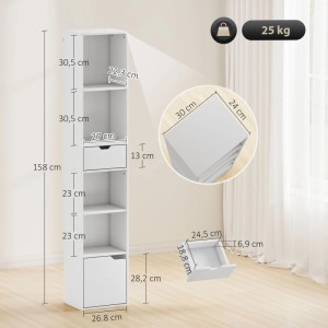 HOMCOM Bücherregal weiß, schmal, aus Spanplatte, 158 cm hoch, mit Fächern, Schublade und Schrank.