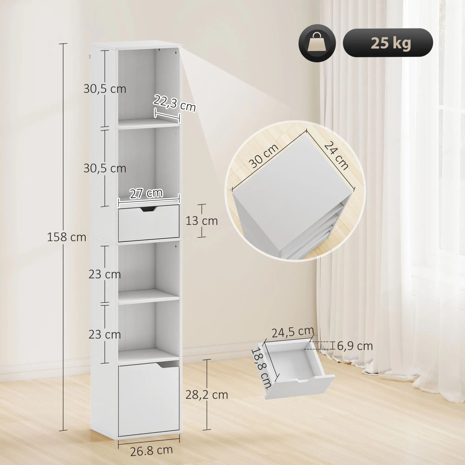HOMCOM Bücherregal weiß, schmal, aus Spanplatte, 158 cm hoch, mit Fächern, Schublade und Schrank.