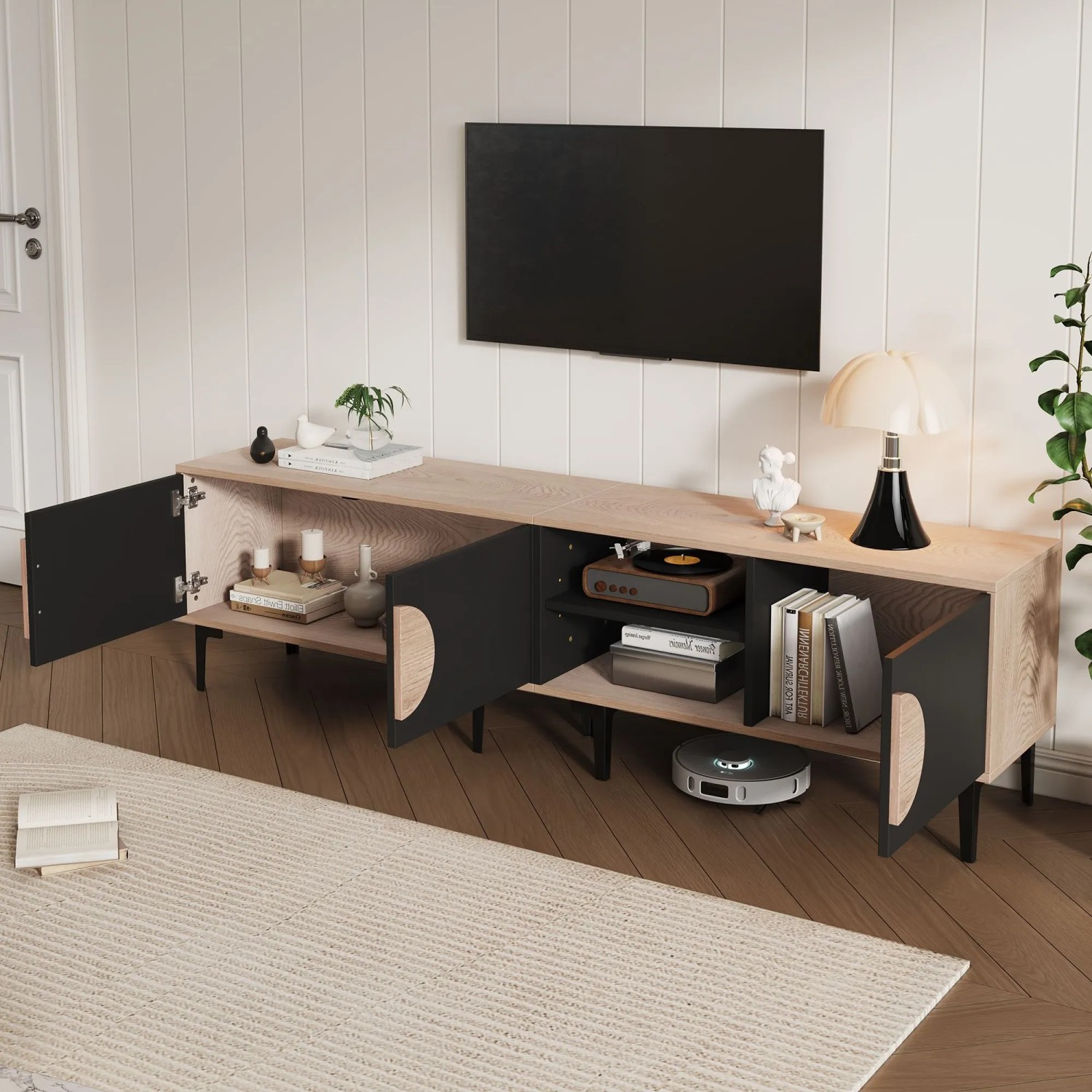 okwish TV Schrank mit Stauraum Fächern Wohnzimmer 180x35x49cm Natur_2