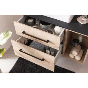 Fackelmann Oxford Bad-Wandregal in Nature Oak mit zwei offenen Schubladen und Glasboden.