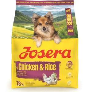 Josera Hunde-Trockenfutter Mini Senior Chicken & Rice, 900g Packung mit Hund.