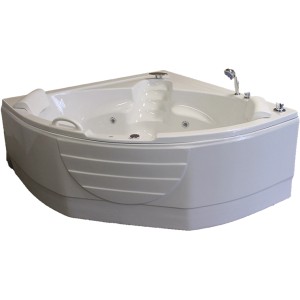 Weißer Eck-Whirlpool Riviera 150x150 cm mit Massagedüsen und Wannenschürze.