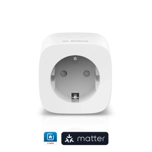 Weißer Bosch Smart Home Zwischenstecker Kompakt mit Steckdose und Matter-Logo für Hausautomation.