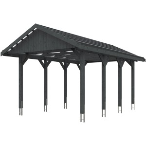Satteldach-Carport Wallgau, schiefergrau, 380x600 cm, mit Dachlattung. Holzkonstruktion mit acht Pfosten.