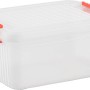 Transparente Aufbewahrungsbox K-Latch S mit Deckel und orangefarbenen Verschlussgriffen.