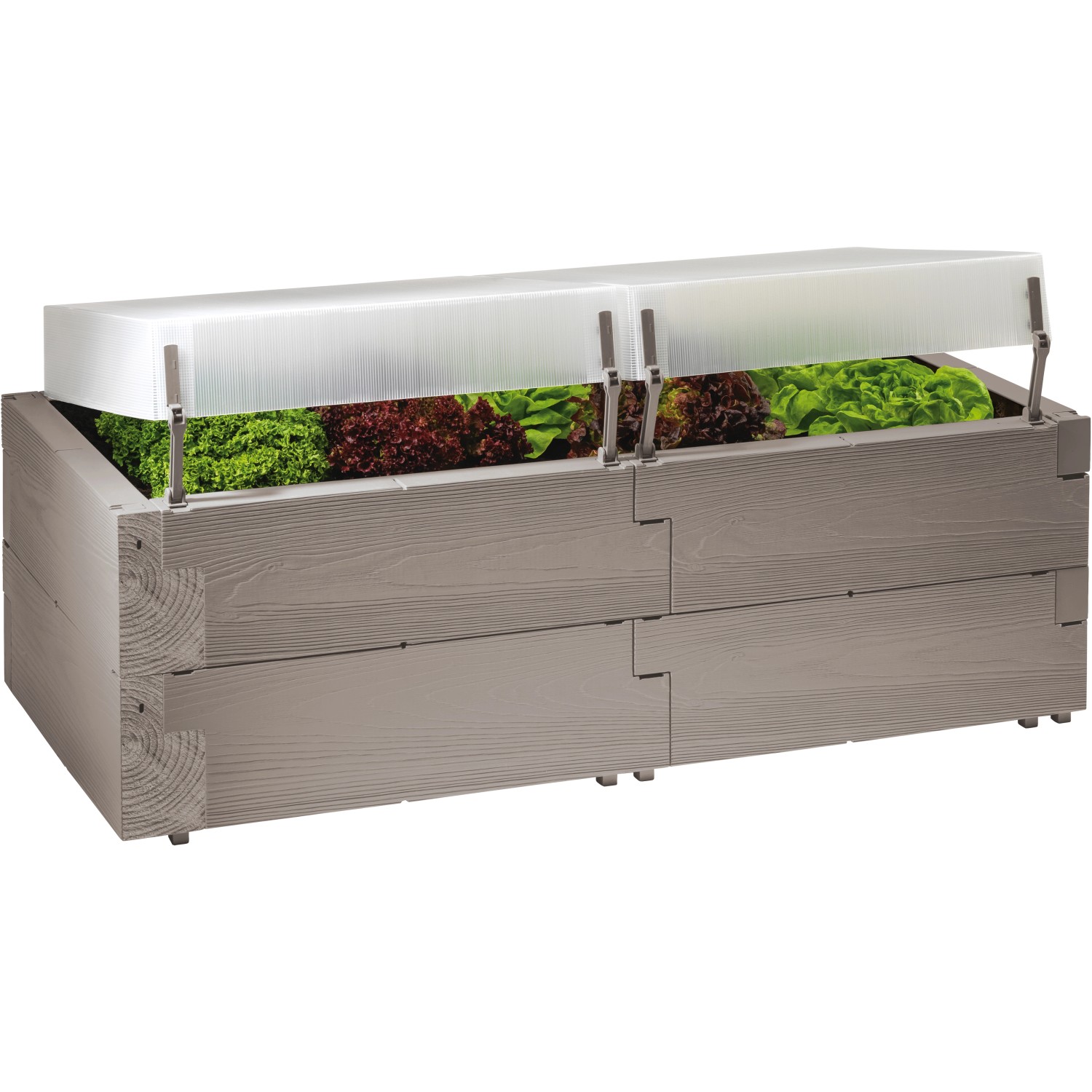 Juwel Hochbeet Timber Komplett-Set aus Kunststoff in Holzoptik mit Thermohaube und Bepflanzung.