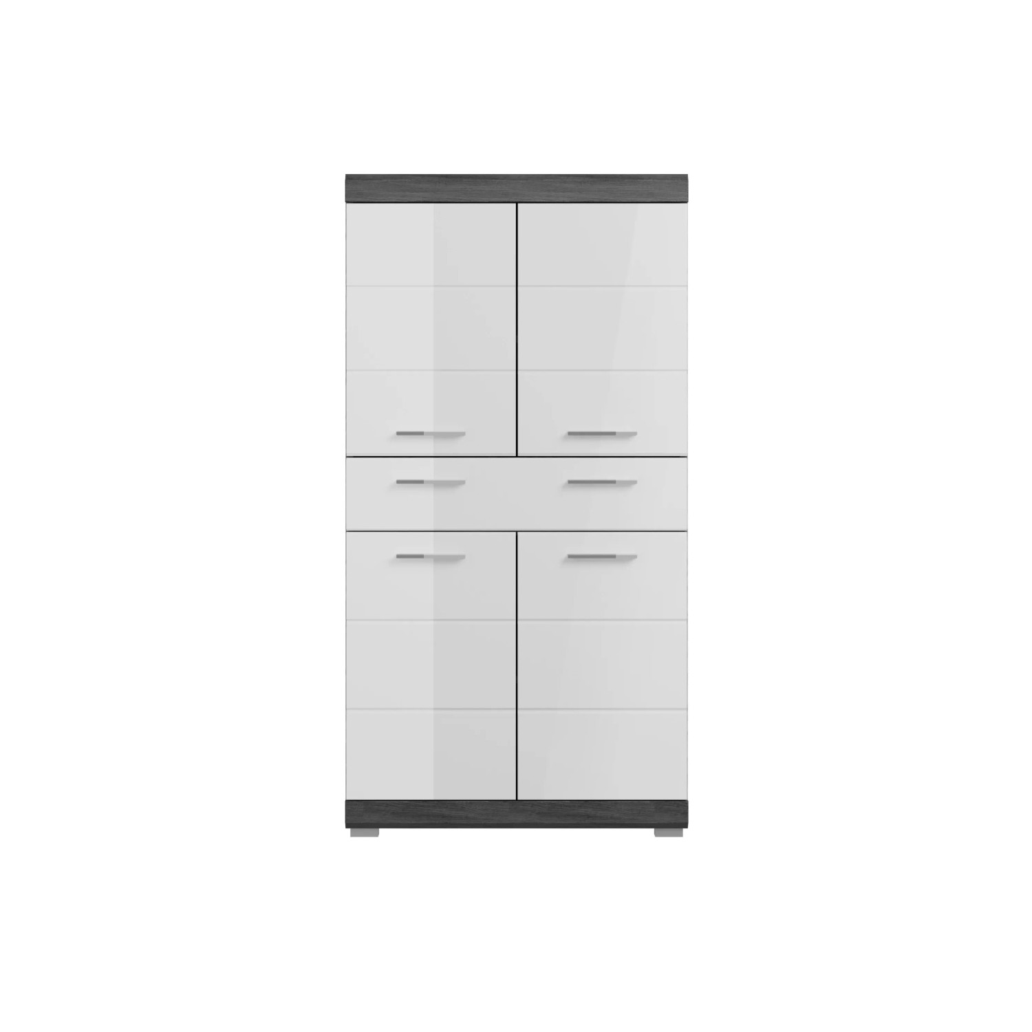 Badmidischrank in Weiß-Rauchsilber (74x141x31cm) mit Schrankfächern und Schubladen.