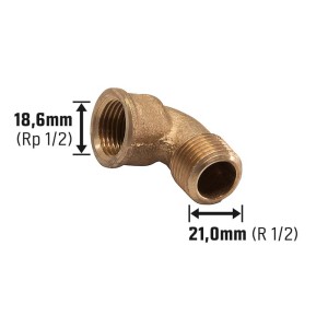 Gewinde-Winkel aus Rotguss, 18,6 mm (Rp 1/2) x 21 mm (R 1/2), zur Verbindung von Rohren im 90-Grad-Winkel.