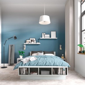 Schlafzimmer mit Wandfarbe CREATE! by OBI Lieblingsfarbe Fiete Marineblau, matt.