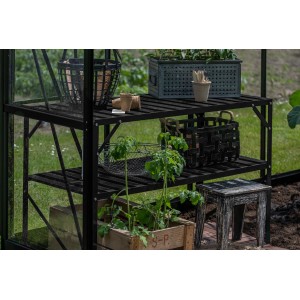Schwarzer Halls Tisch Standalone mit 2 Sektionen aus Alu, 121x52cm, als Gewächshaus-Zubehör.