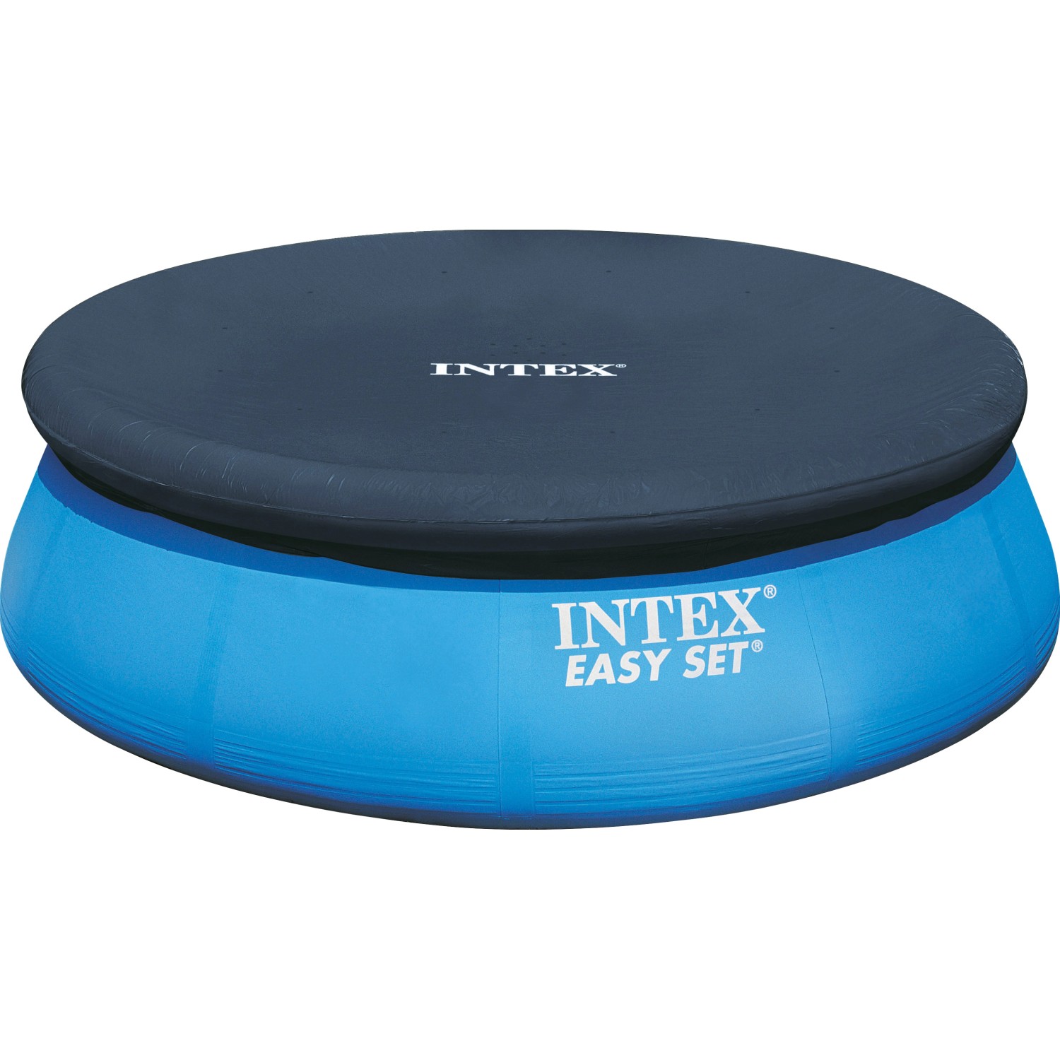 Intex Abdeckplane auf blauem Easy Set Pool Ø 457 cm. Poolabdeckung schützt vor Schmutz.