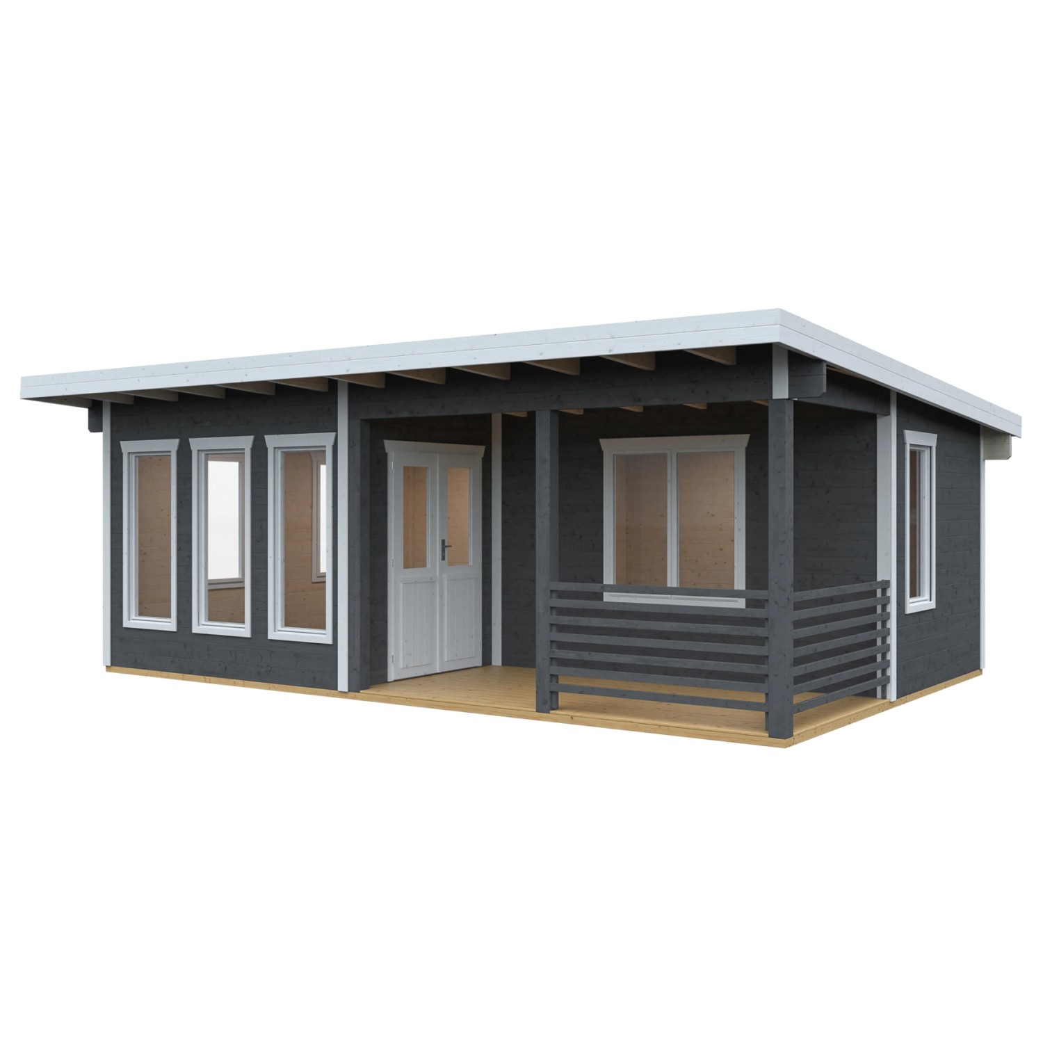 Skan Holz Gartenhaus Arnheim, 670x444 cm, schiefergrau, mit überdachtem Eingangsbereich.