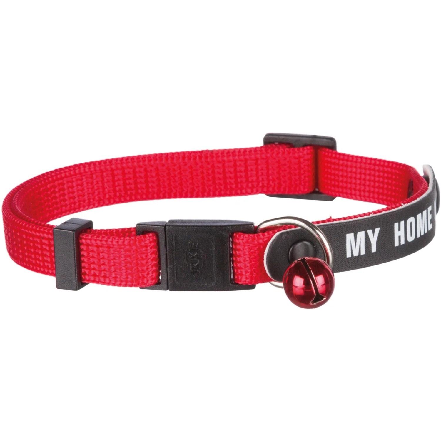 Rotes Trixie Katzenhalsband aus Nylon mit Adresslasche und Glöckchen.