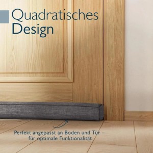 Dunkelgrauer Beautissu Zugluftstopper Levante 90cm vor Holztür. Türdichtung für besseres Raumklima.