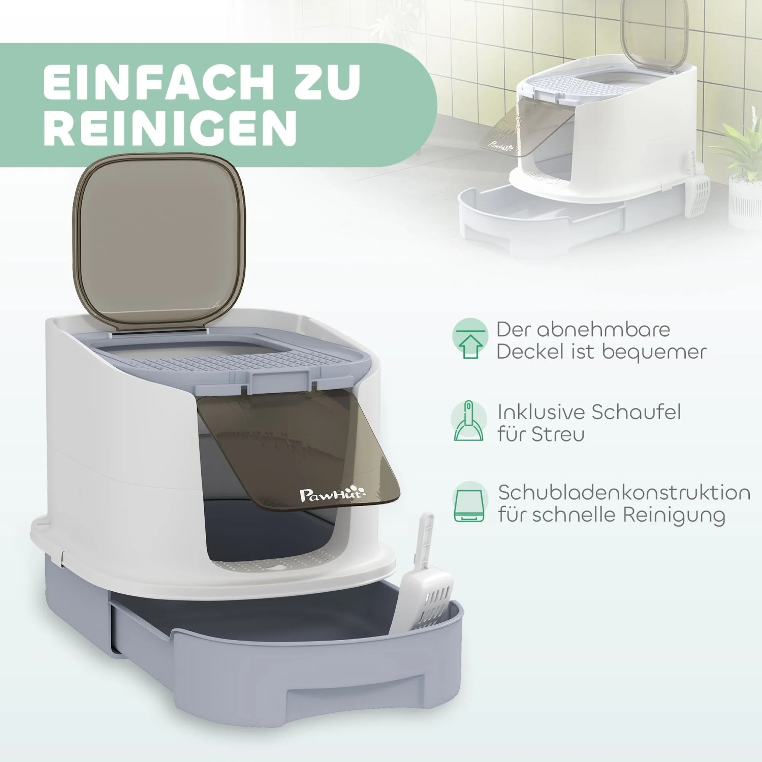 PawHut Katzenklo aus grau-weißem Kunststoff mit offener Oberseite und herausziehbarer Schublade für einfache Reinigung, inkl. Schaufel.