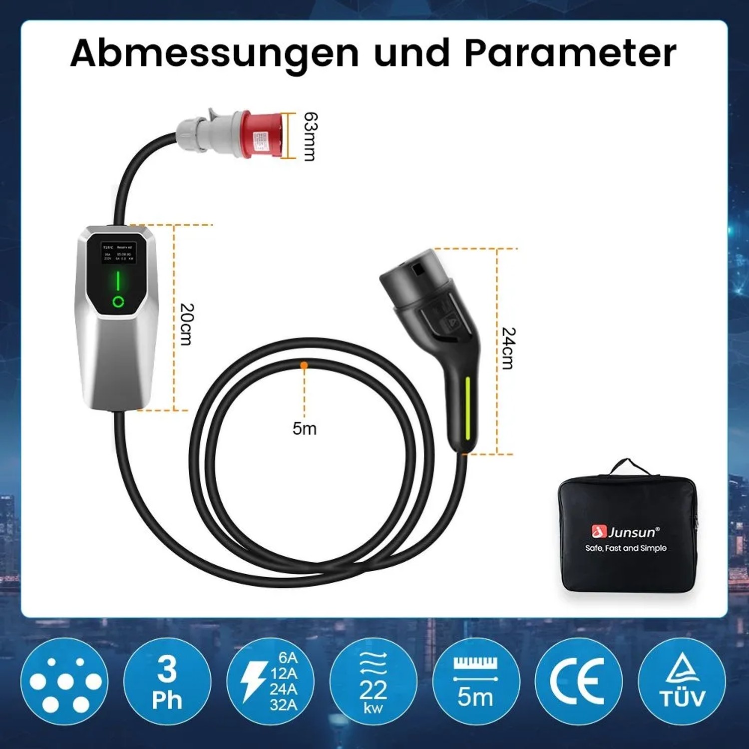 Junsun EV Ladegerät 22 kW Typ 2 mit 5m Kabel, 3-phasig, einstellbar 6-32A, CEE-Stecker, Tasche. Maße.