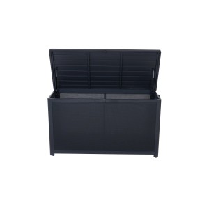 Geöffnete, dunkelgraue Siena Garden Kissenbox Sabano (135,5x58,7x75 cm) zur Aufbewahrung von Gartenkissen.