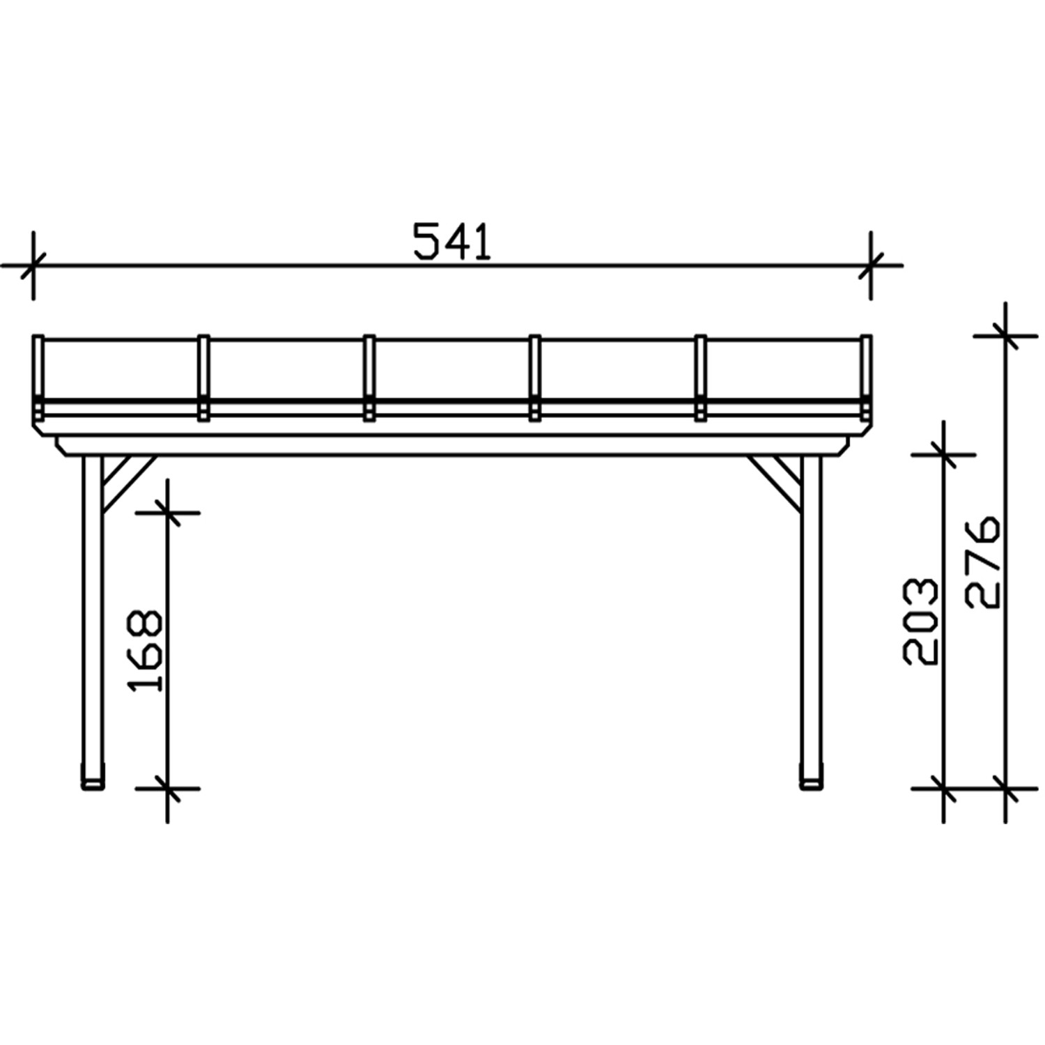 Technische Zeichnung: Skan Holz Terrassenüberdachung Ancona, Maße 541 x 300 cm.